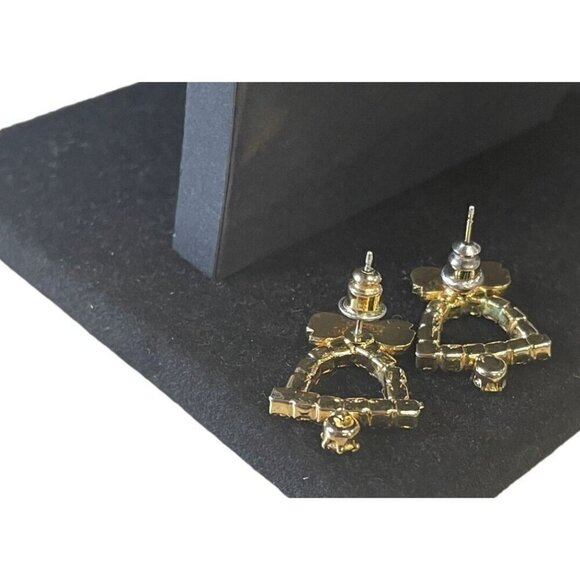 Vintage Christmas Bell Earrings With Red & Green Rhinestones & Gold Bow - Picture 3 of 3